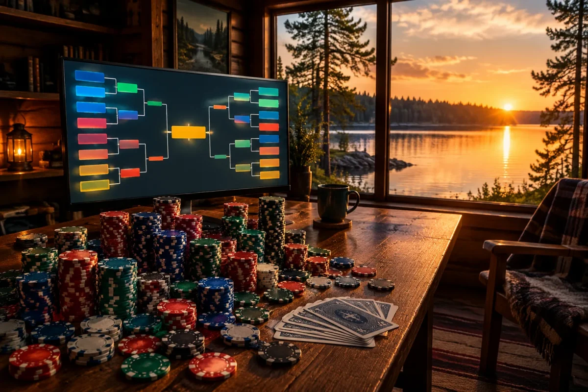 Mökkihuone järven rannalla auringonlaskussa: näytöllä abstrakti turnauskaavio ja pöydällä suuret pinot pokerimerkkejä